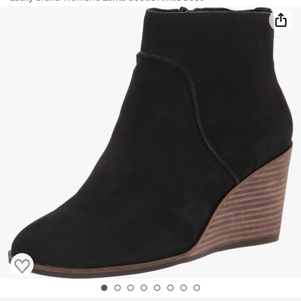 Lucky Brand Youse Black Suede Stacked Wedge Pull on ankle bootie women’s 7
